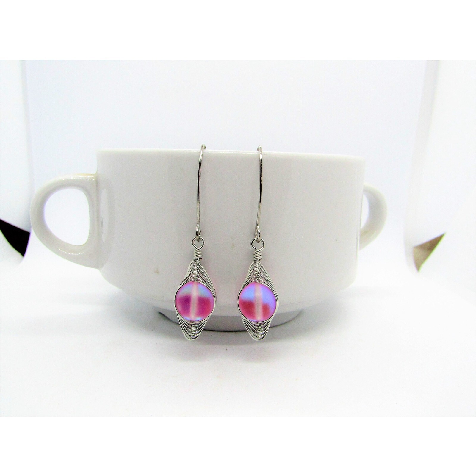 Pink “Mermaid Glass” Sea Glass Artisan Silver Earrings, Handmade Ladies Fashion