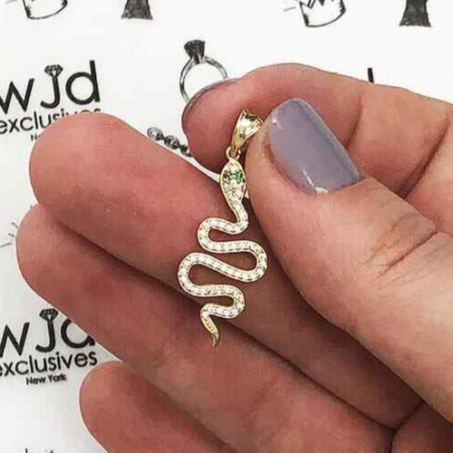 14K Yellow Gold Simulated Diamond And Emerald Snake Charm Pendant