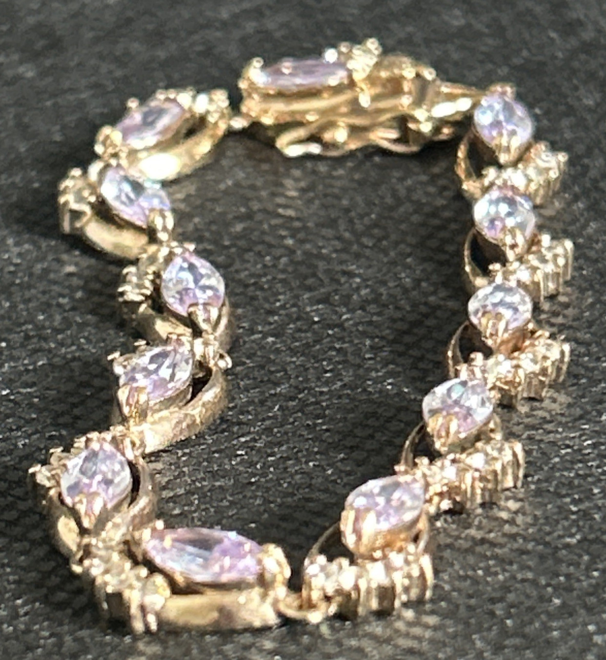 Gold Tone Brass Simulated Amethyst Marquise Rhinestone Tennis Bracelet 7 Inch