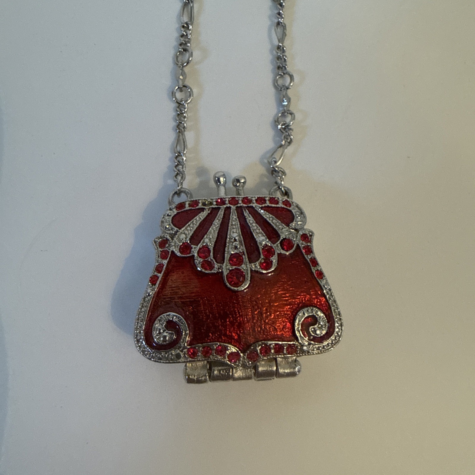 1928 Brand Jewelry Red Enamel Silver Tone Purse Locket Necklace