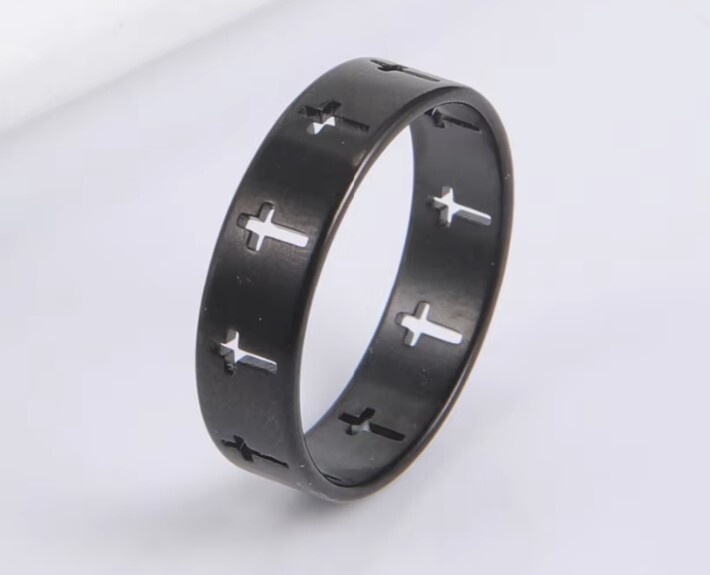 Stainless Steel Black Cut Out Cross Ring 5.5 mm band width