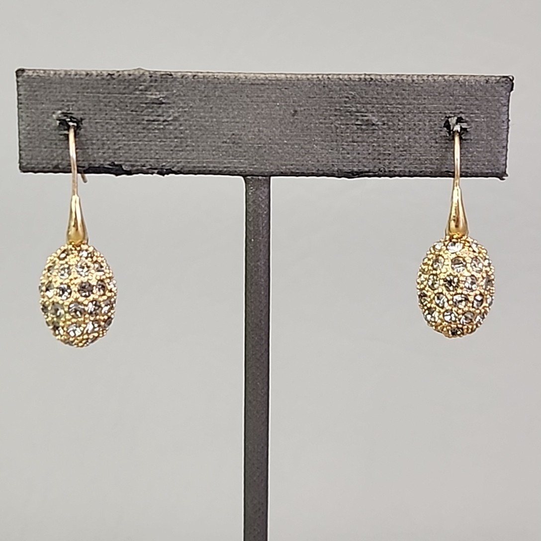 Rhinestone Egg Pierced Earrings Clear Pave Dangle Gold Tone 1″