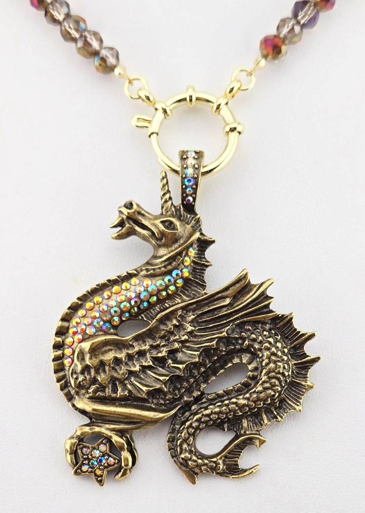 Kirks Folly Siren Sea Dragon Foldover Pendant Brass Ox OOAK Sailor Necklace #76