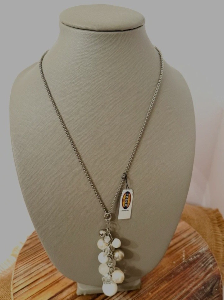 New In Finch Seed Tin Box, FOSSIL Stainless Steel and Glass Bead NECKLACE