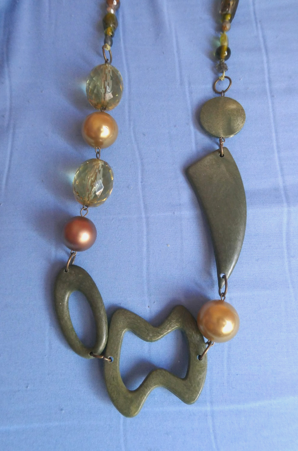 40″ Long Necklace Green Copper Gold Large Abstract Shapes Acrylic & Glass Beads