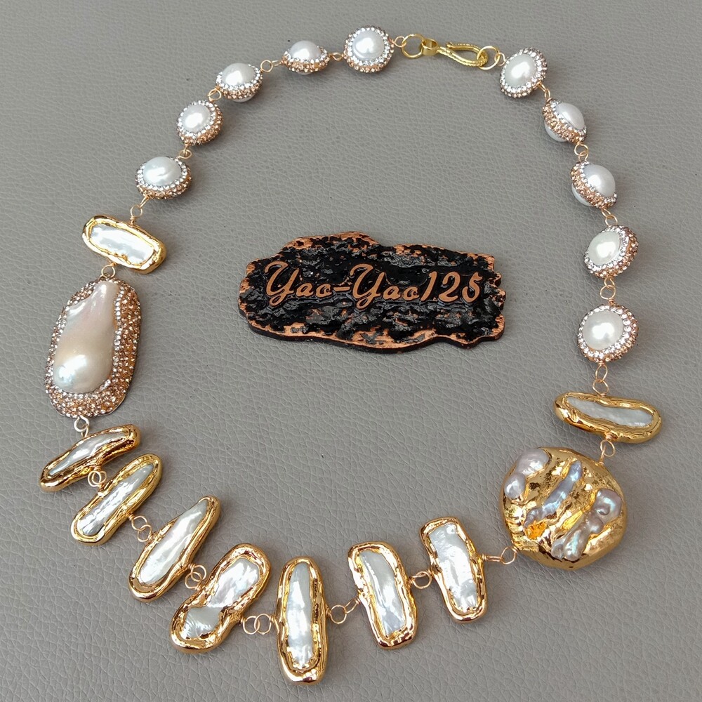 20″ Freshwater White Keshi Biwa Pearl 24 K Yellow Gold Plated Necklace