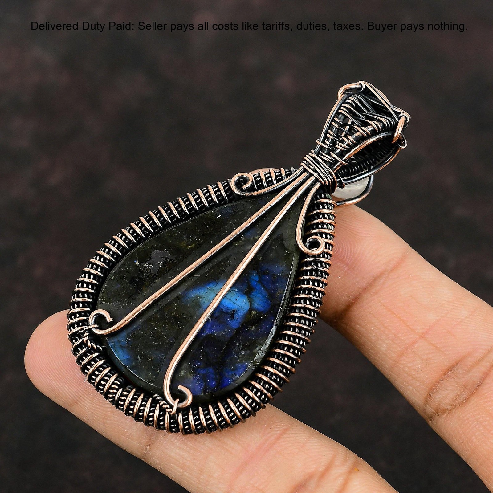 Copper Natural Labradorite Rainbow Moonstone Wire Wrapped Boho Pendant Jewelry