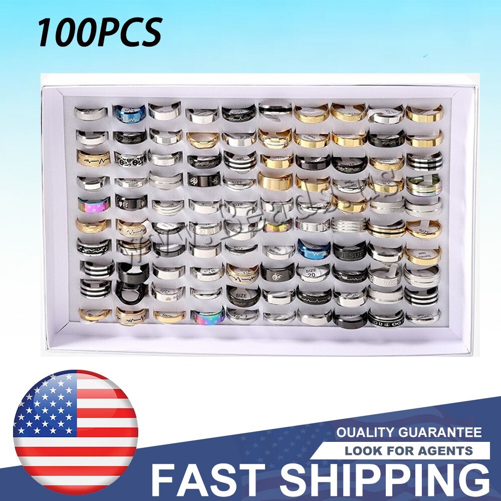 100PCS Stainless Steel Rings Bulk Lot Men’s Fashion Jewelry Ring Wholesale Mixed