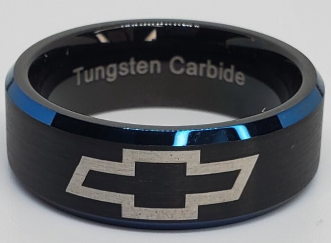 CHEVROLET RING CHEVY WEDDING BAND BLACK & BLUE 8MM TUNGSTEN WEDDING RING Size 11