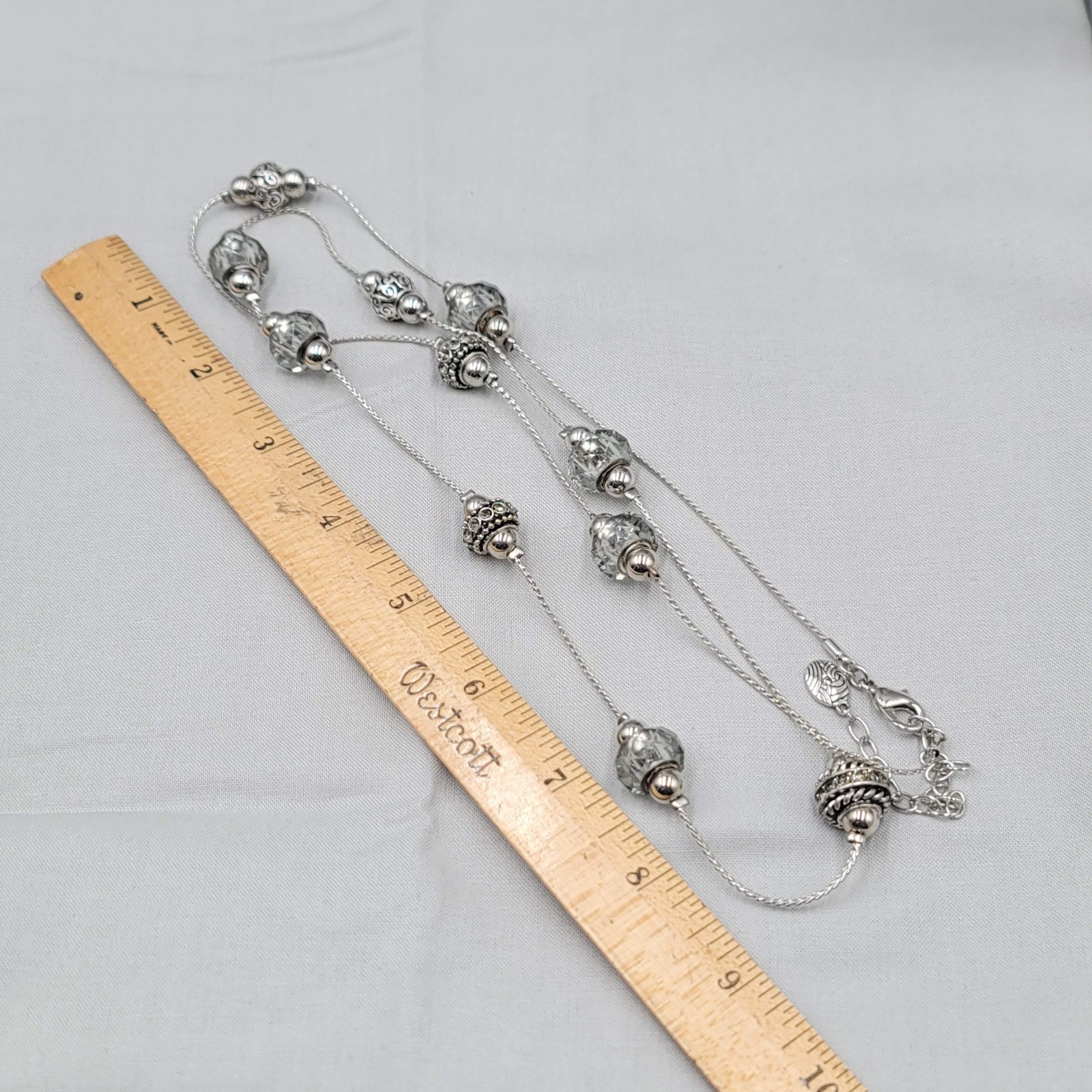 Signed Station Necklace Silver tone Glass Long 36 in