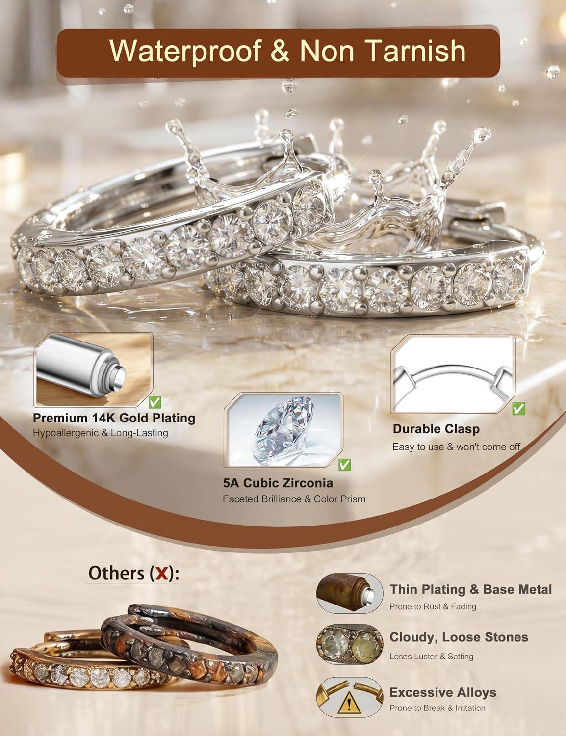 14K Gold Plated Chunky Hoop Earrings for Women Hypoallergenic – 4 Pairs Non Tarn