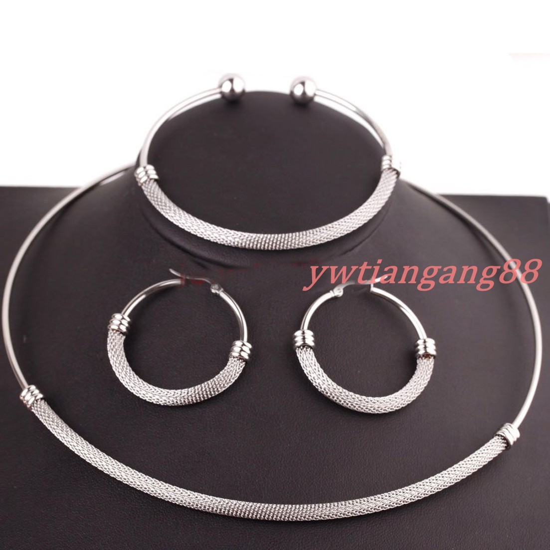 Womens Silver/Gold Color Stainless Steel Necklace Choker Bracelet Jewelry Set