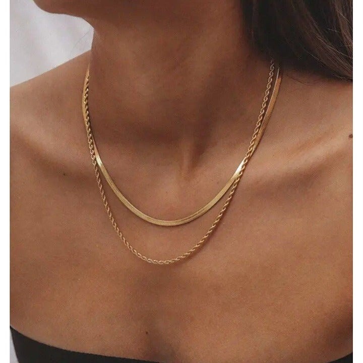 Layered Gold Herringbone Rope Chain Necklace 18K Waterproof Hypoallergenic CUTE