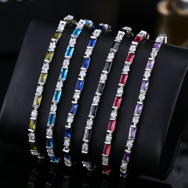 Silver Plated Fashion CZ Red Green Blue Crystal Charm Tennis Bracelets for Women