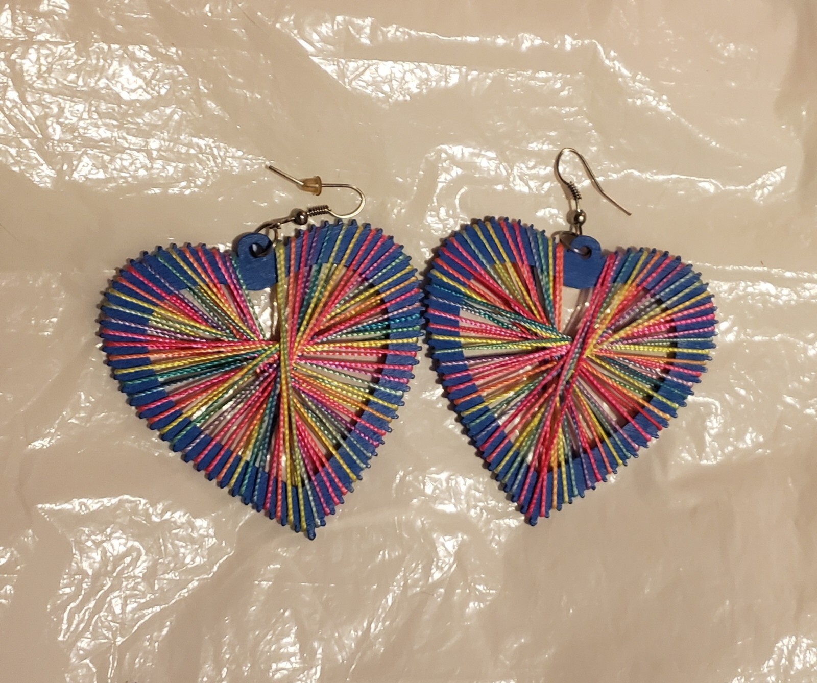 Multicolored String Art Blue Wood Heart Shaped Hook Dangle Earrings, Large