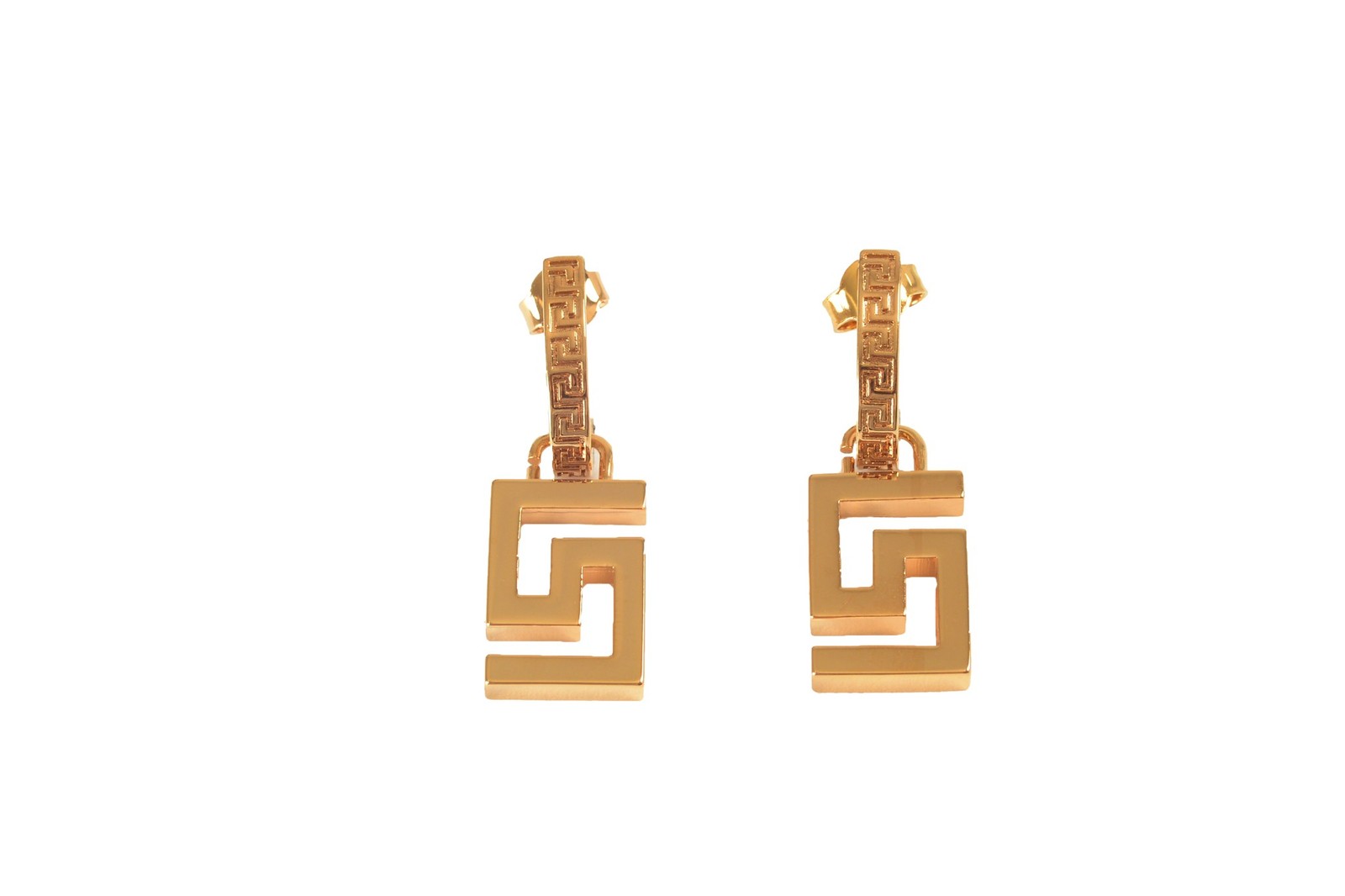 Versace Gold Color Metal Greeca Logo Stud Earrings