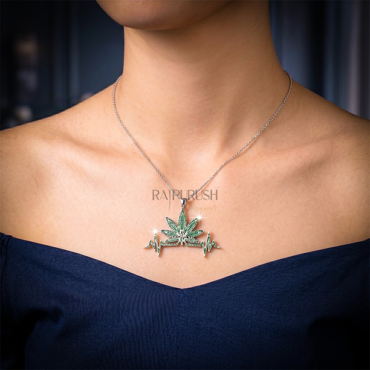Heartbeat Leaf Pendant – Green Emerald Round Diamond in 925 Sterling Silver