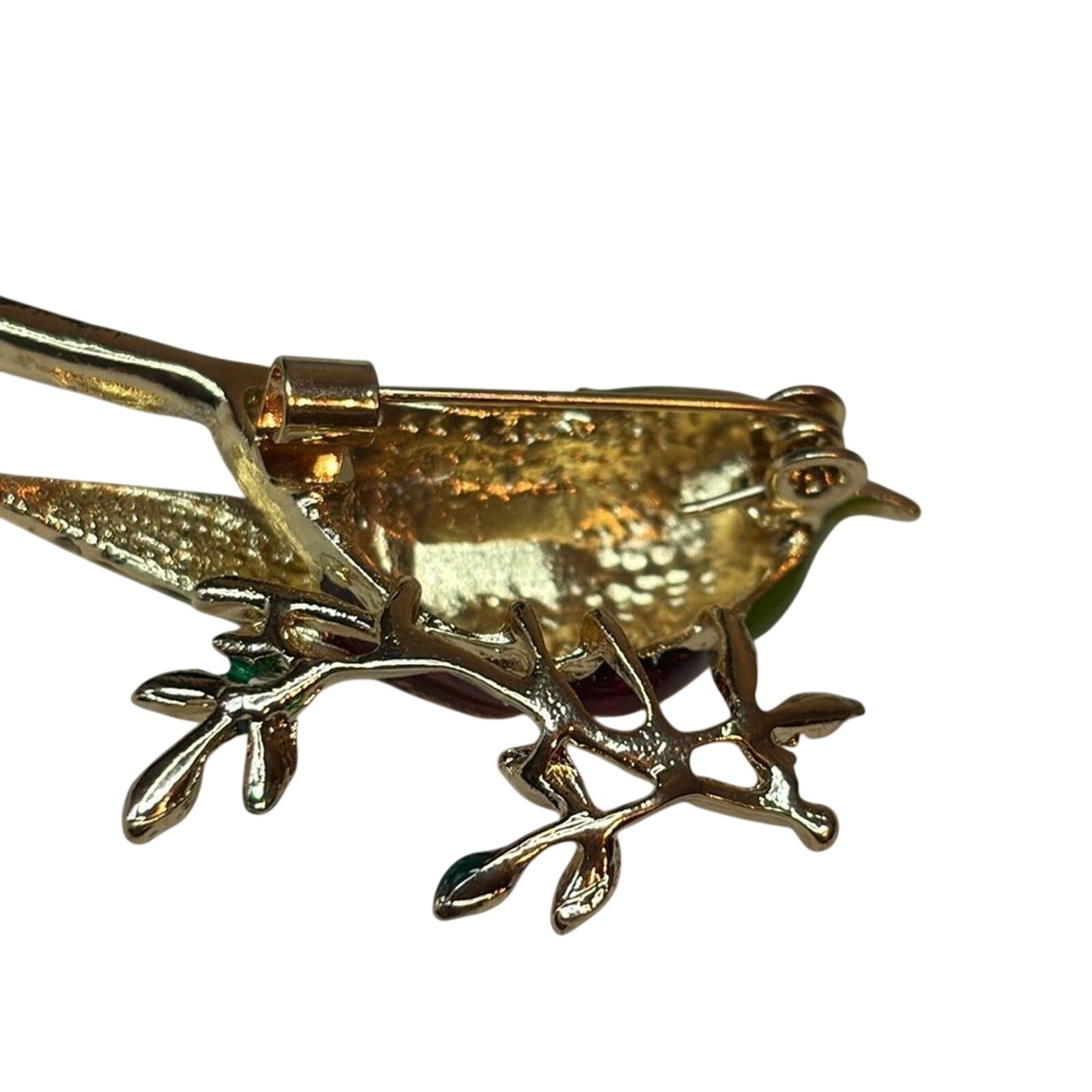 Vintage Enamel Robin Bird Brooch Red Green Gold Tone Rhinestone Accent Pin
