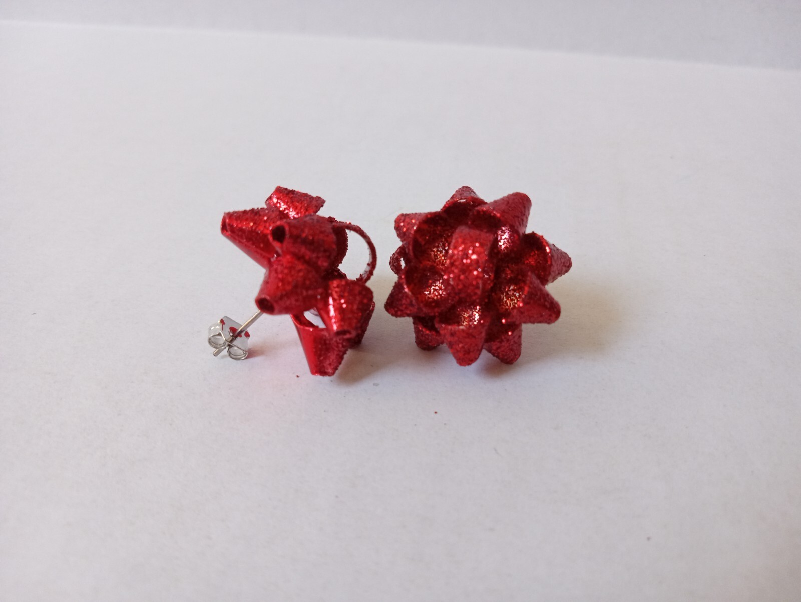 Red Glitter Gift Bow Pierced Post Back Earrings Christmas Jewelry