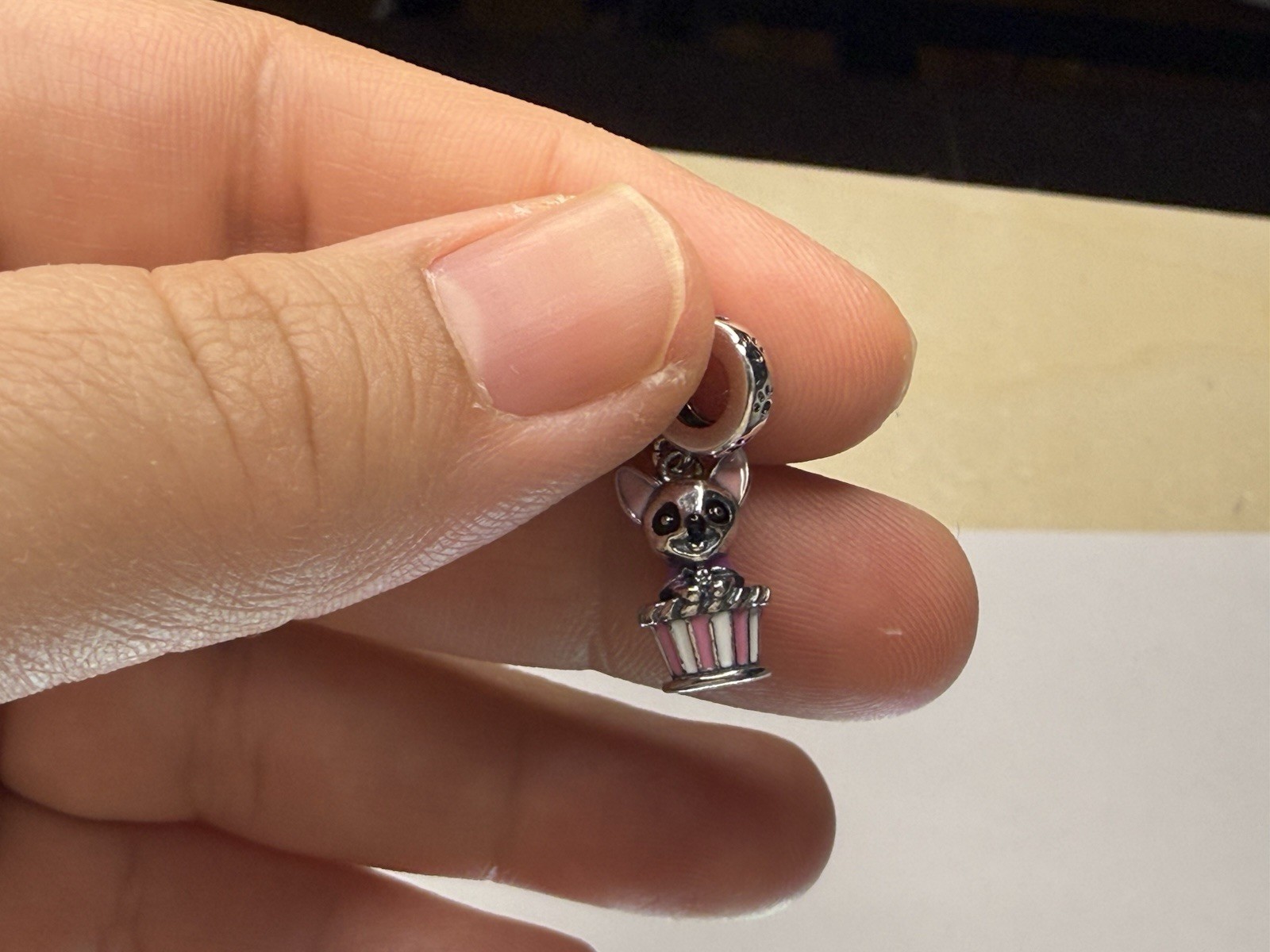 Silver Tone Dangle Animal Charm Pink & White Enamel Mouse Popcorn Bucket