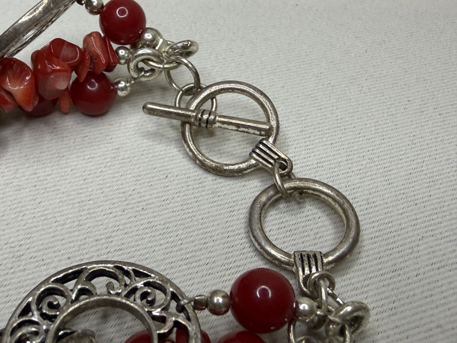 Signed Chico’s Multi Strand Red Coral Chip Bead Toggle Bracelet Silver Tone 8″