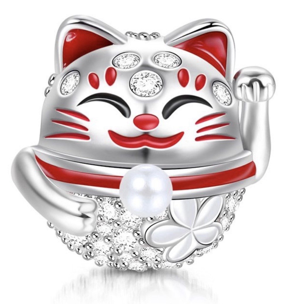Gnoce Luck Cat Charm Bead For Charm Bracelet Platinum Plated Sterling Silver 925