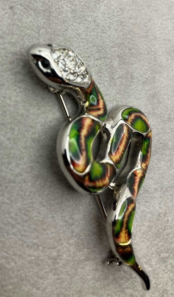Silver Tone Enameled Snake Brooch Rhinestone Head 2.25 Inches
