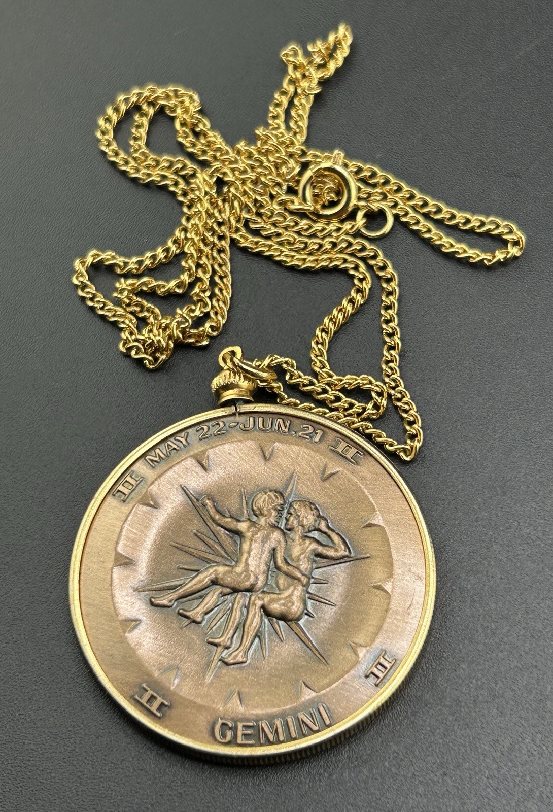 Gemini Pendant Necklace Zodiac Coin on 24″ Chain