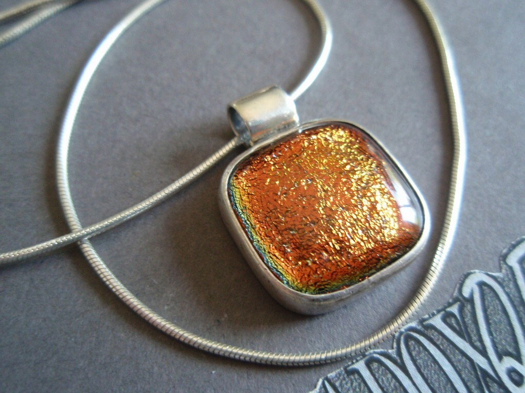 Sterling Silver 925 Brown Gold Dichroic Glass Pendant Snake Chain Necklace FAS