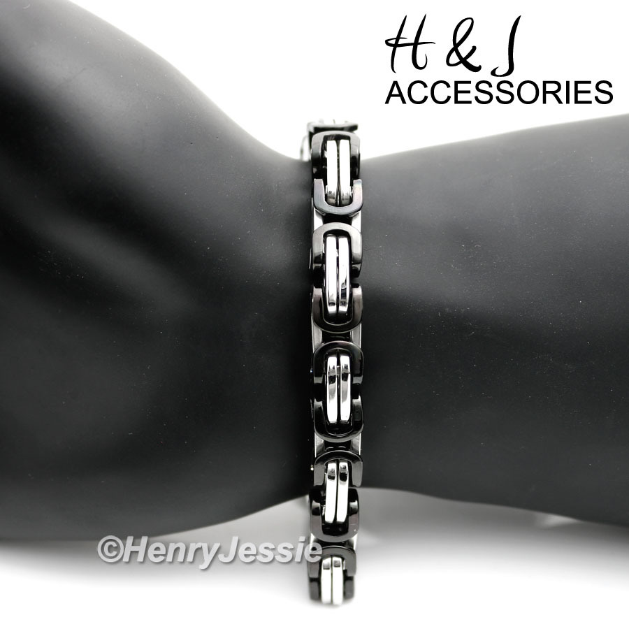 7″-11″MEN Stainless Steel 9mm Silver/Black Plated Byzantine Box Chain Bracelet