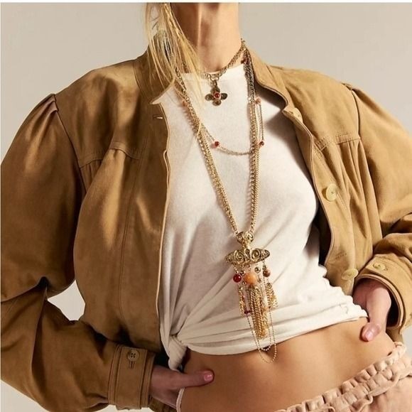 NWT Free People Catriona Layer Necklace Orange Red Gold New boho semi precious