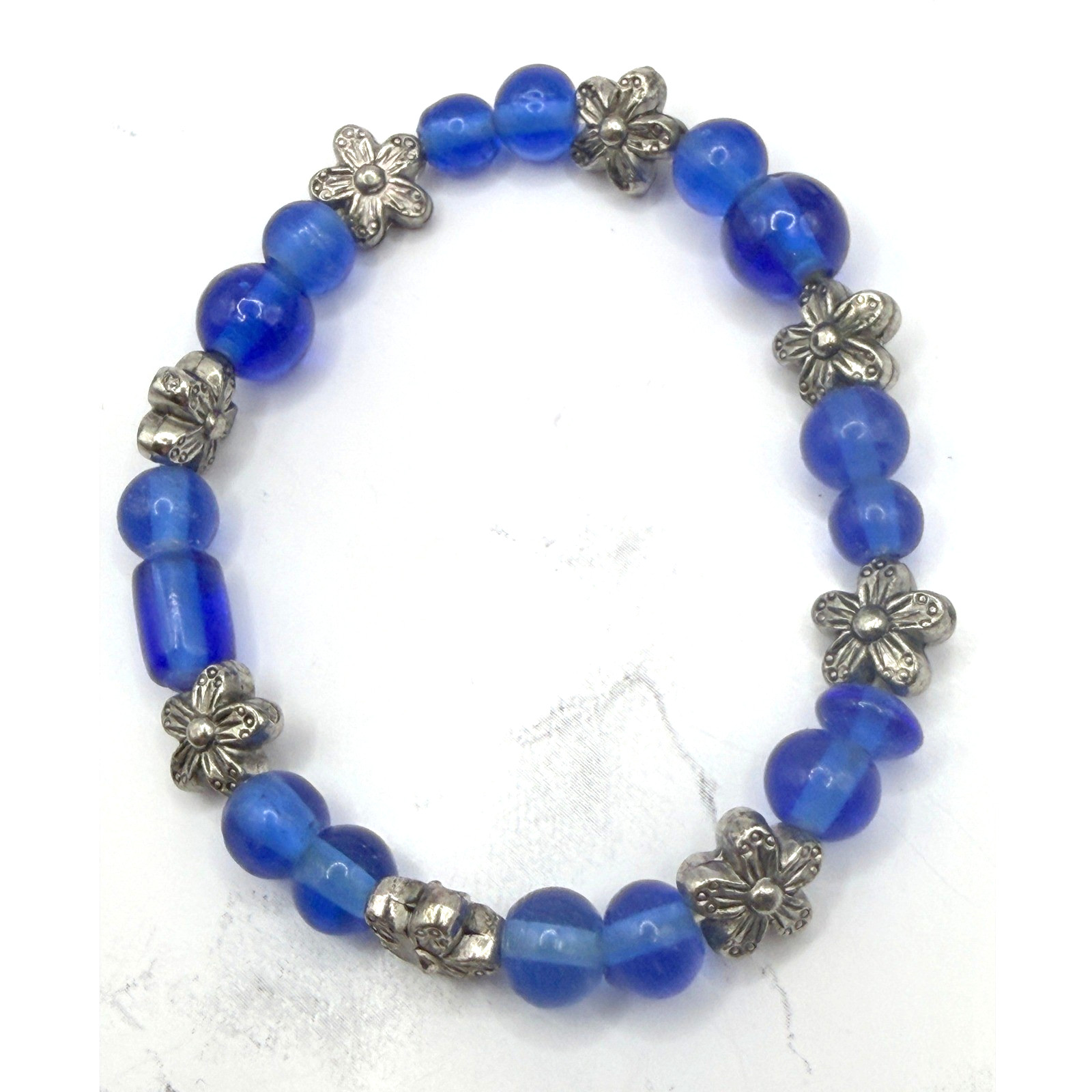 Cobalt Blue Glass Bead Stretch Bracelet Silver Flower Spacer Beads 7.75″