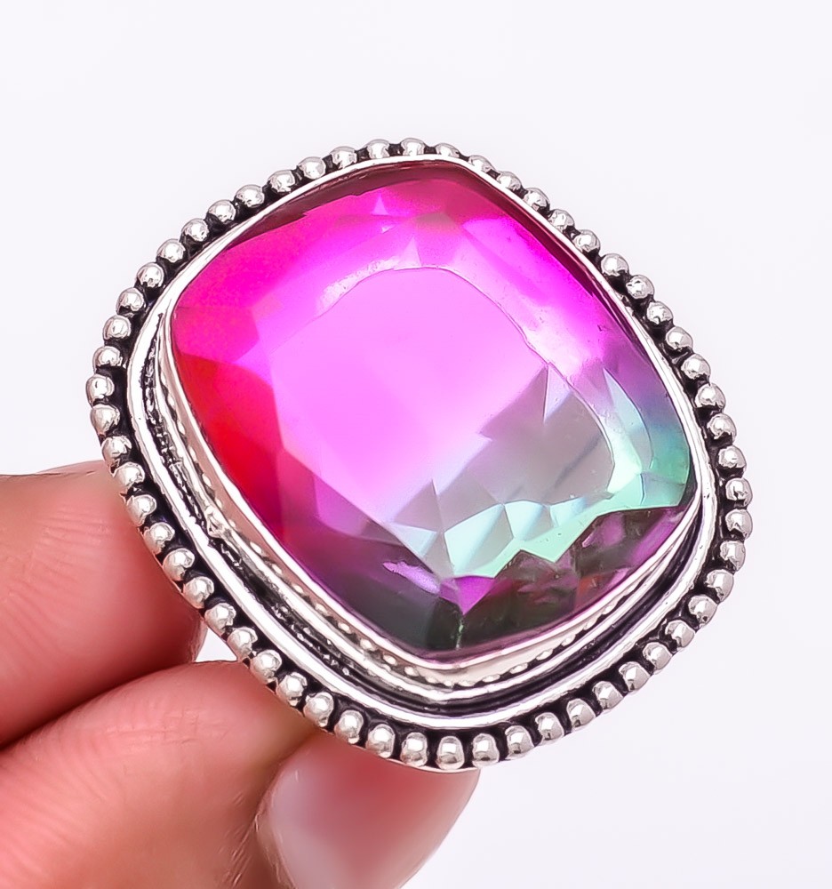 Bi-Color Tourmaline Gemstone 925 Silver Plated Jewelry Ring s.7 T8614