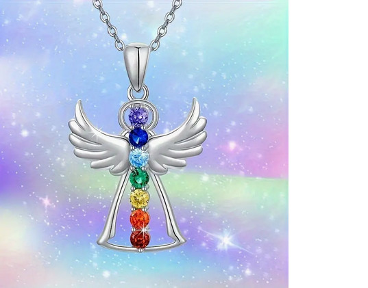 COLORFUL HEALING STONES ANGEL WING Charm 925 Sterling Silver 22″ Necklace Women