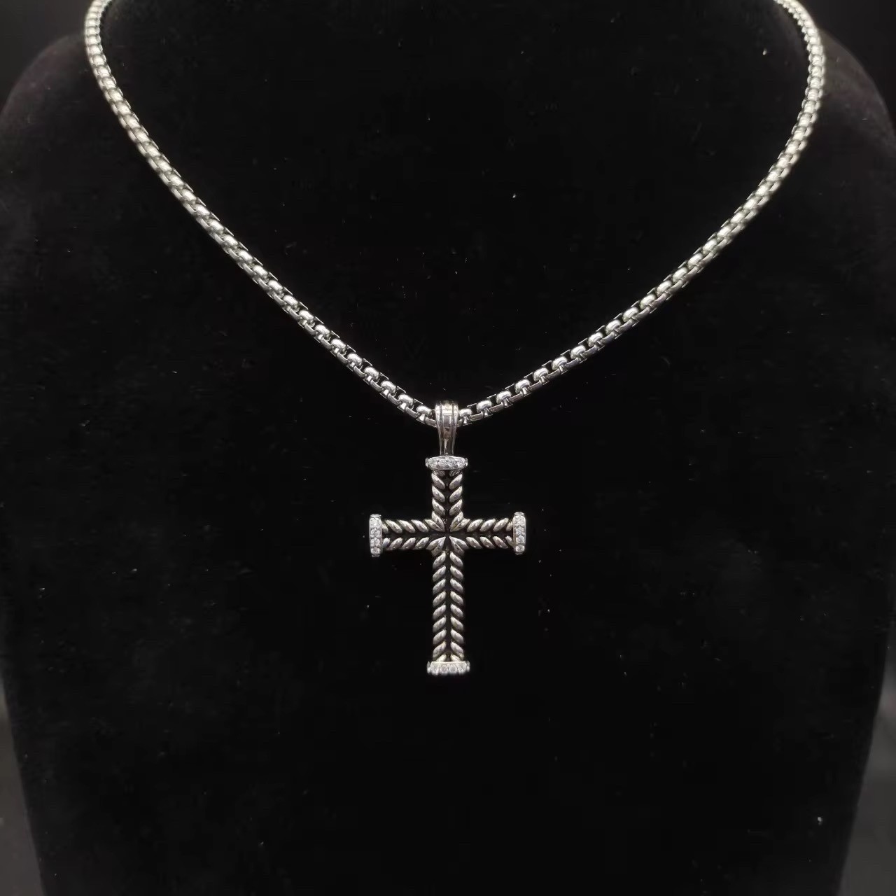 Silver & Black enamel Cross pendant with pave stones women
