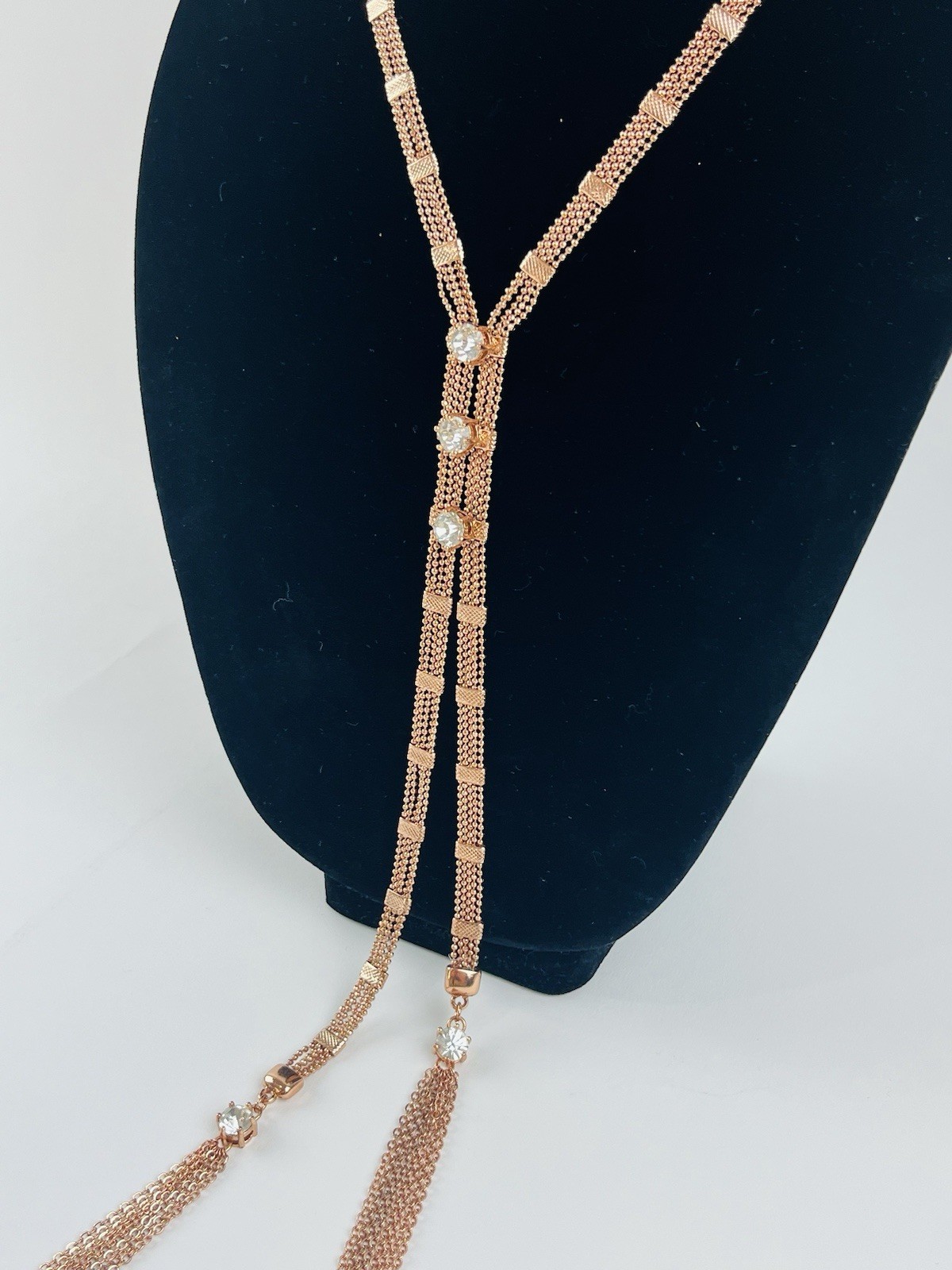 Rose Gold Rhinestone Lariat Necklace Womens Necktie Statement Y Drop Belt Tassle