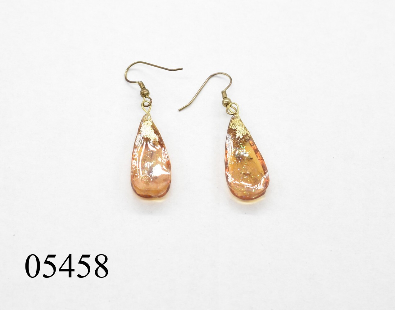 2 1/8″ Gold Glitter & Tiny Blue Forget-Me-Nots in Faux Amber Resin Hook Earrings