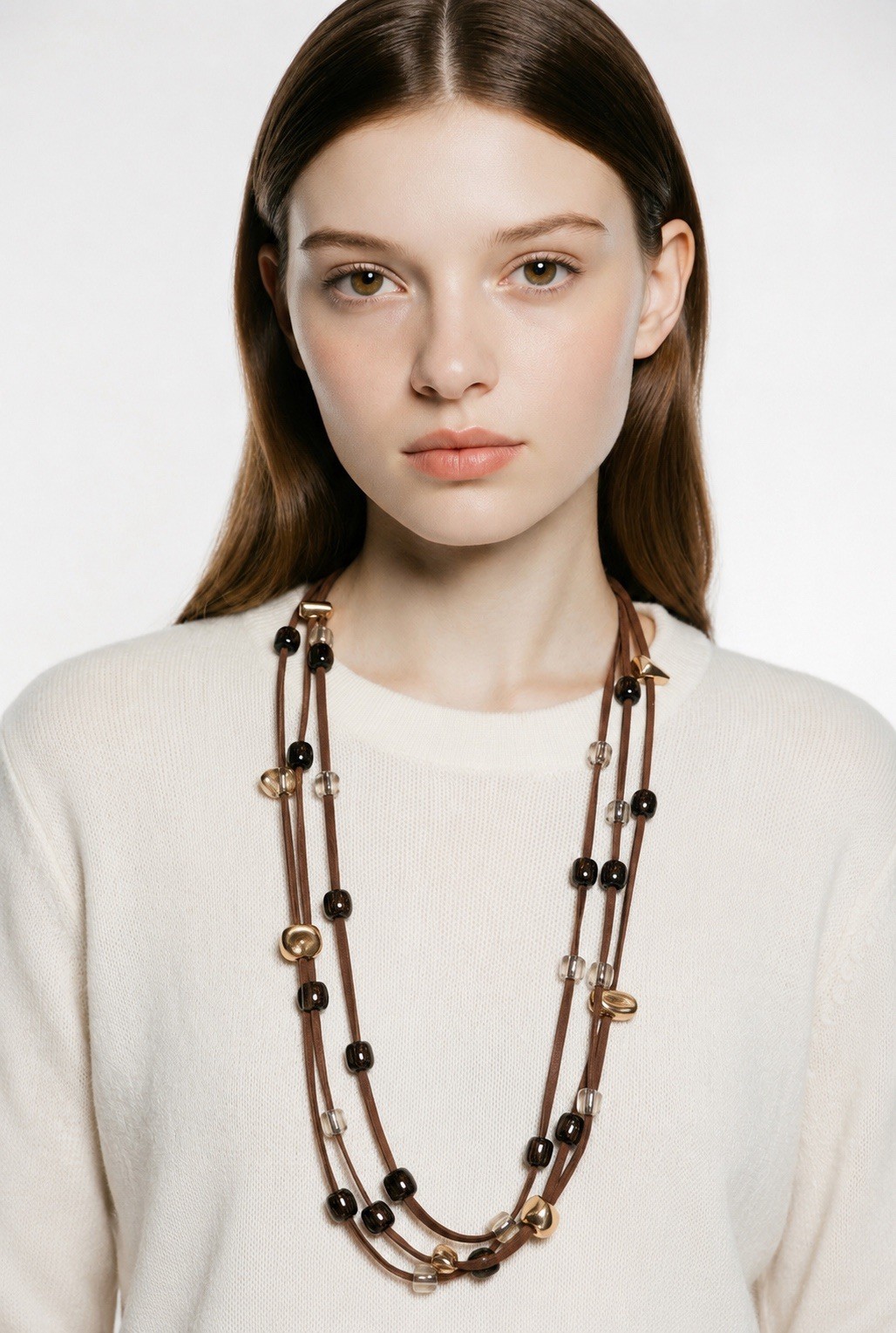 Antonello Serio long multi strand brown suede cord beaded statement necklace NWT
