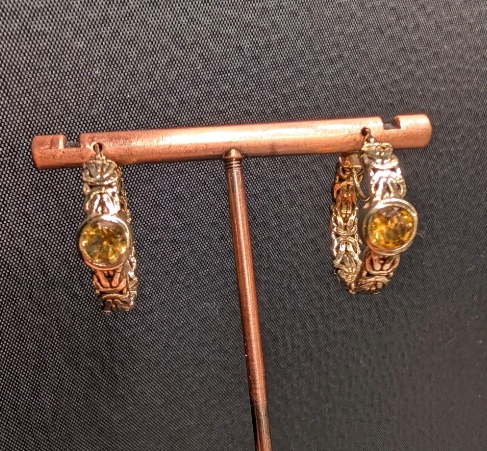 Sterling Silver Gold Vermeil Byzantine Citrine Gemstone OT Turkey Hoop Earrings
