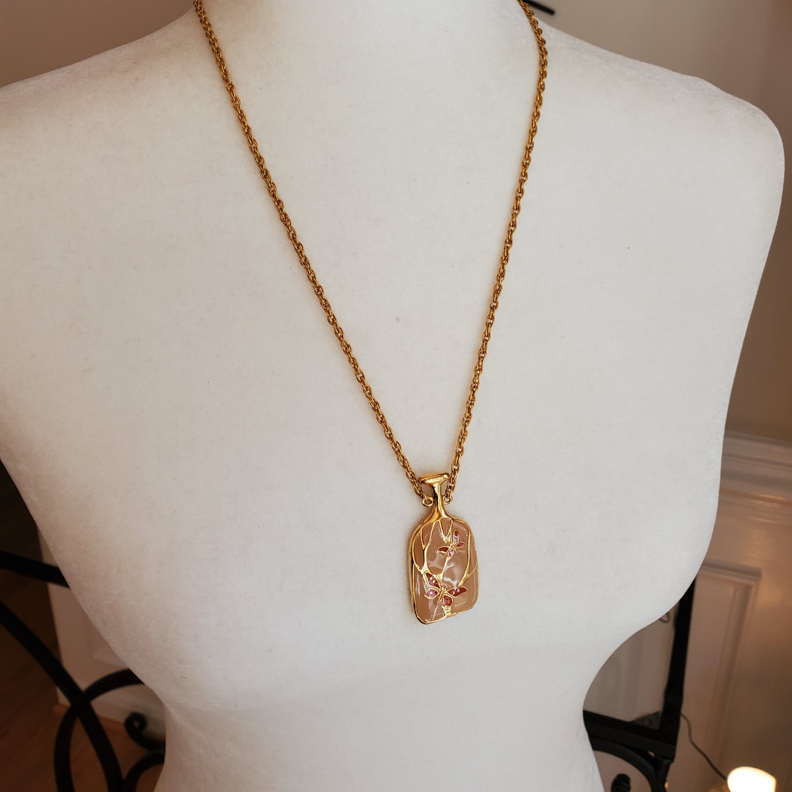 Butterfly Pendant Necklace Goldtone Peachy Orange Signed Thailand 24″