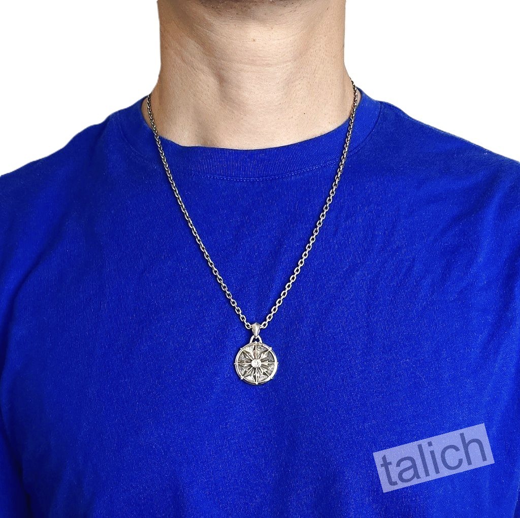 925 Sterling Silver Compass Amulet Pendant with CZ Double Sided Nautical Gift
