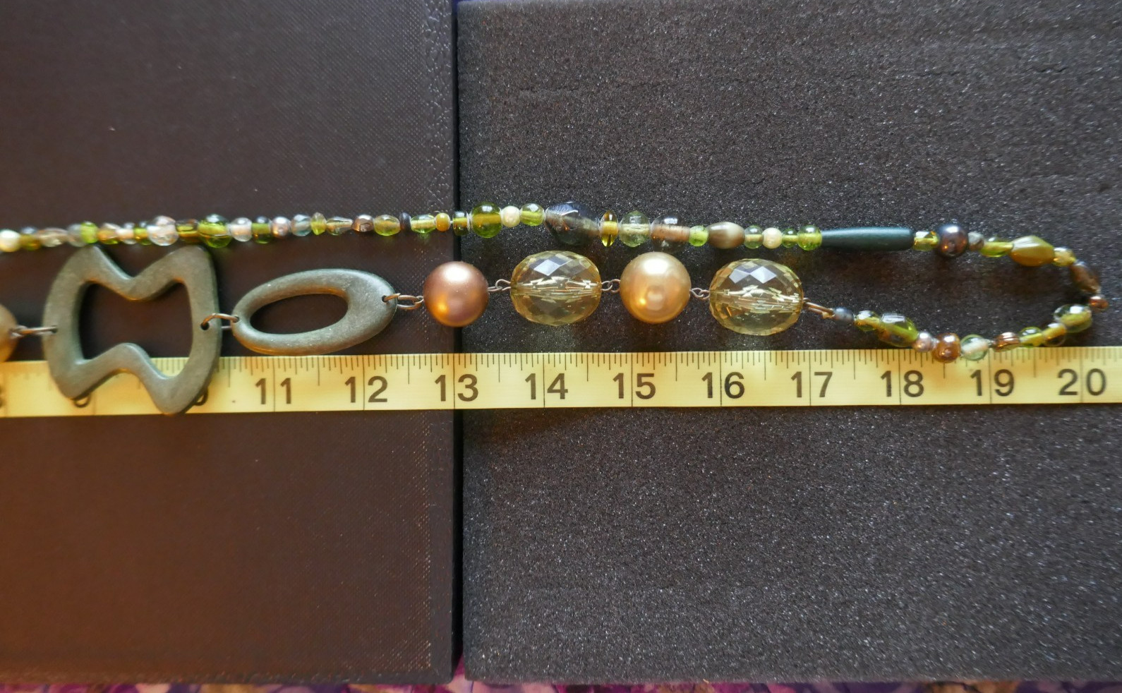 40″ Long Necklace Green Copper Gold Large Abstract Shapes Acrylic & Glass Beads