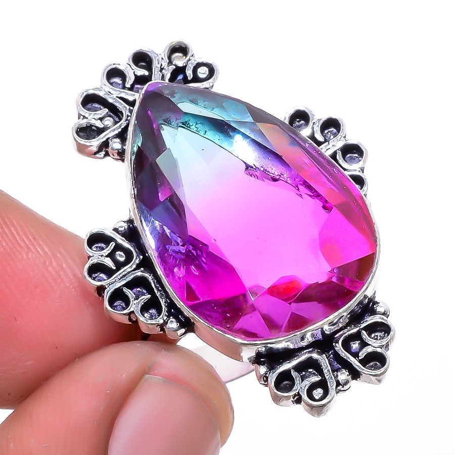 Bi-Color Tourmaline Gemstone 925 Silver Plated Jewelry Ring s.7 F2660