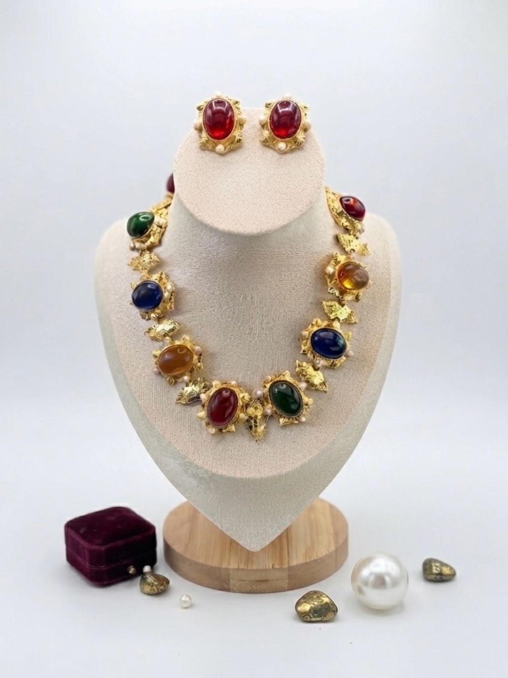 18KGP Vintage Inspired Multicolor Gemstone Statement Necklace & Earring Set