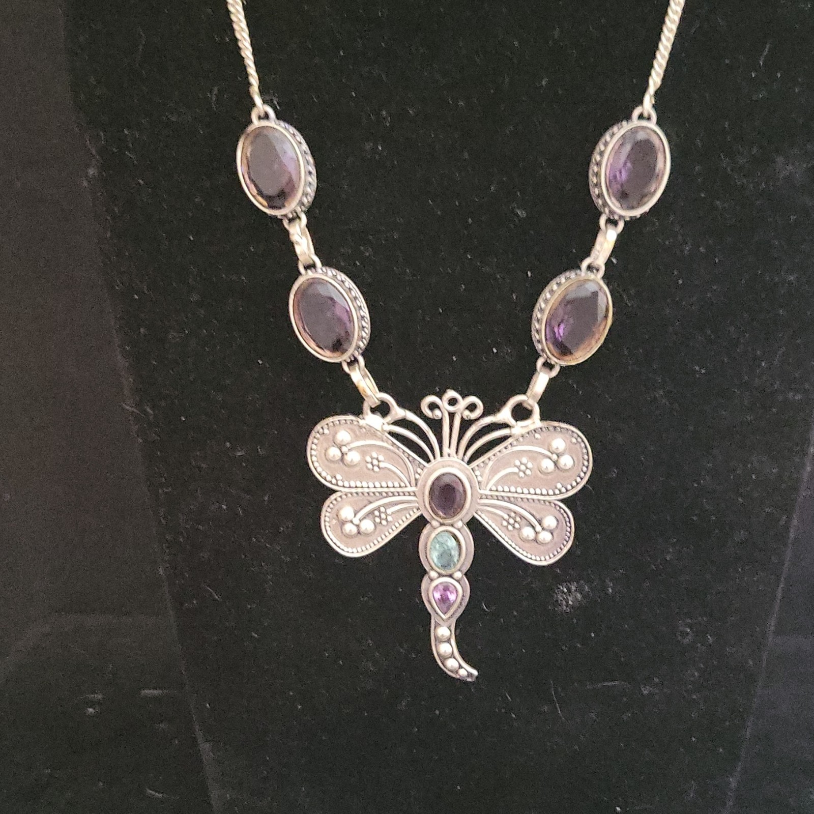 Vintage .925 Sterling Silver Amethyst Peridot Dragonfly Statement Necklace 18″