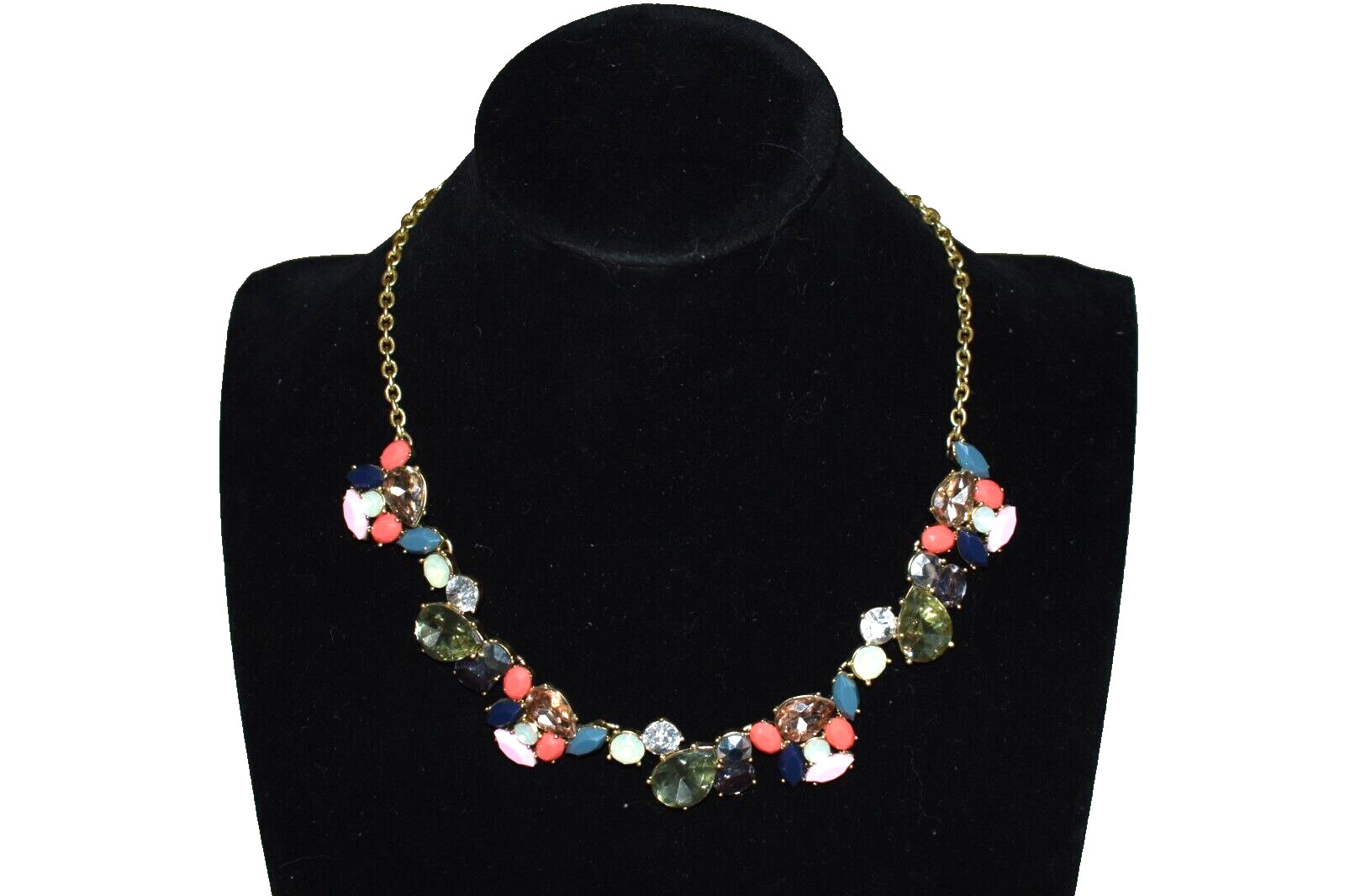 J. CREW Cluster Multi- Colors Stones Gold Tone Chain Statement Necklace 18″ B1