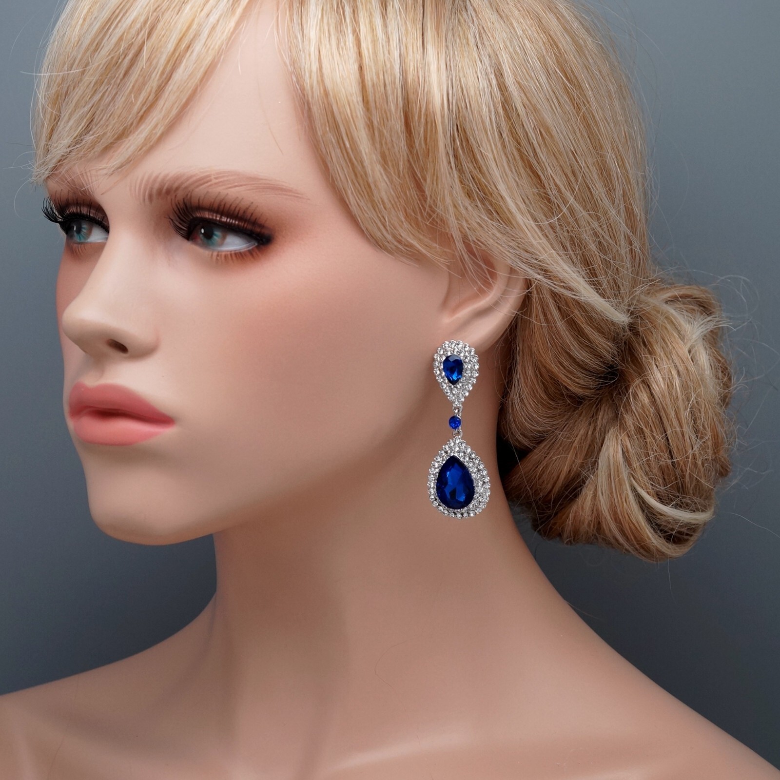 Drop Dangle Earrings Simulated Sapphire Blue Rhinestone Silver Plated Wedding 43