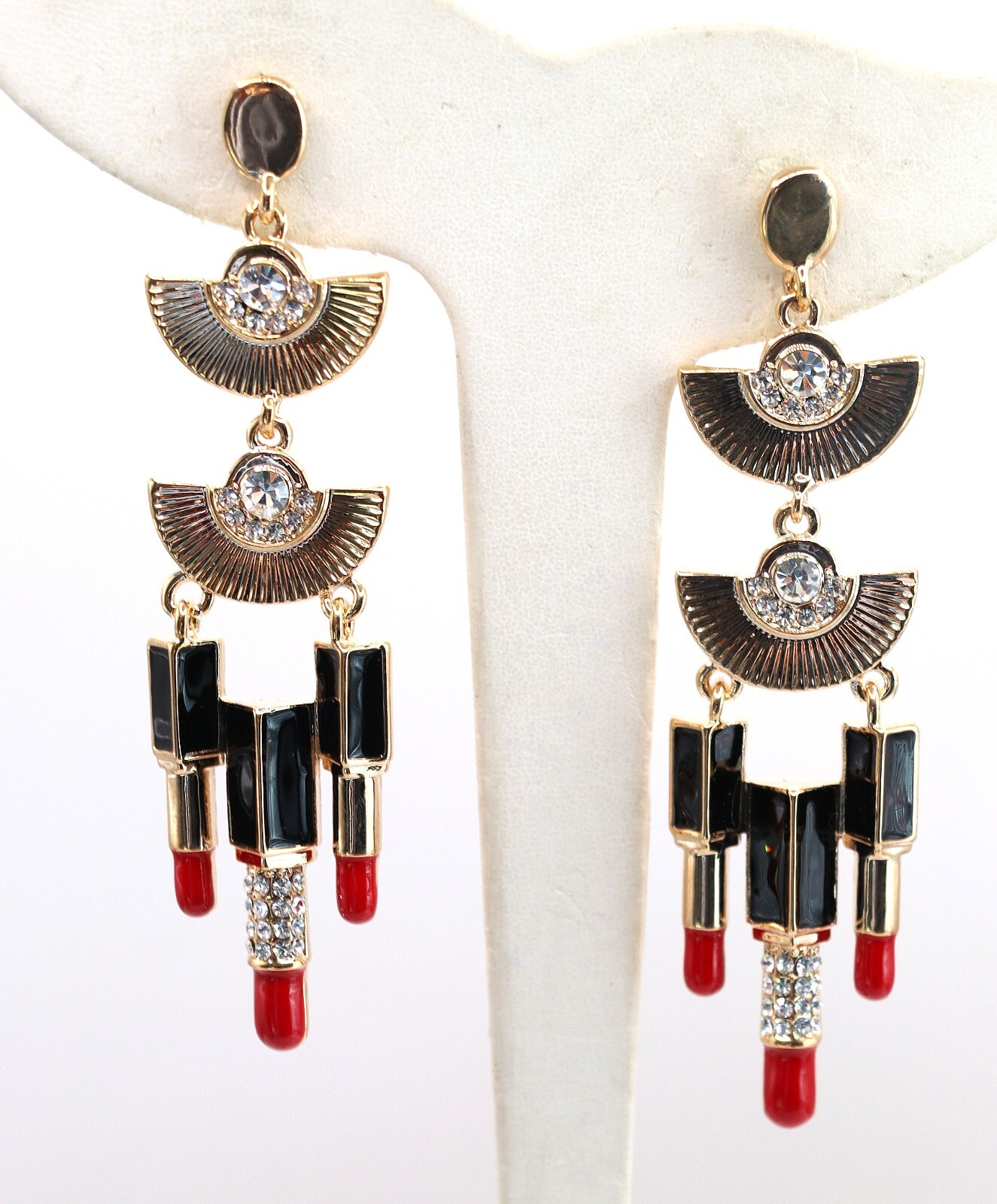 Betsey Johnson Lipstick Red Enamel & Rhinestone Gold Tone Dangle Earrings NEW