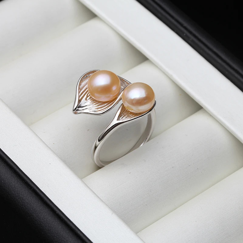 925 Sterling Silver Ring Freshwater Pearl Adjustable Double Band Jewelry