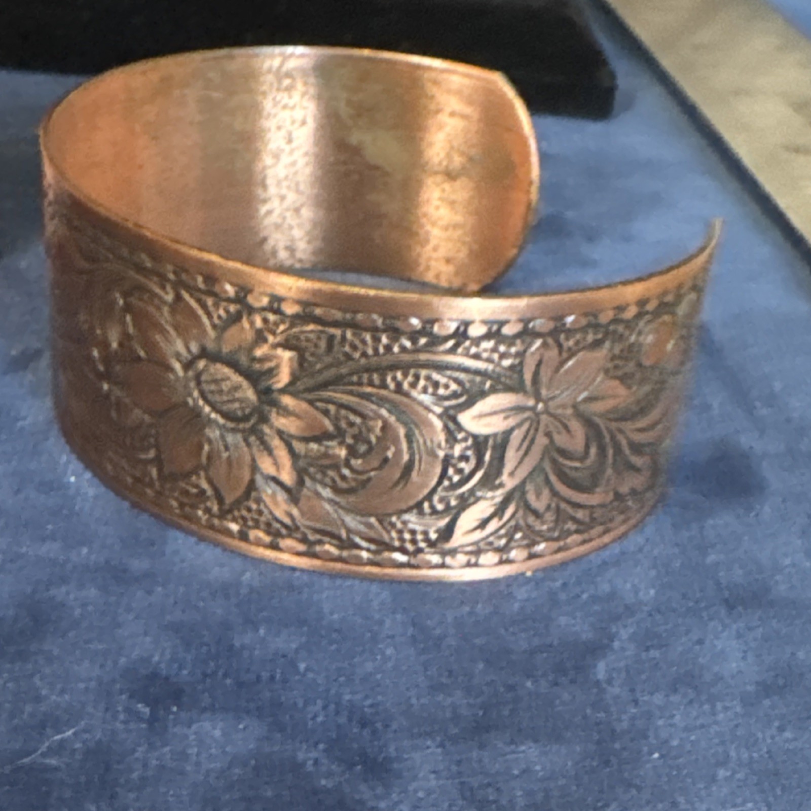 Copper Floral Engraved Cuff Bracelet Sizable Less Than 8in Flower Shape